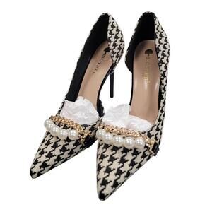Women's Houndstooth Pumps Shoes Heels Stiletto Pointed Toe D'Orsay Pearls Sz 9